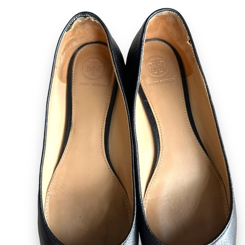 Tory Burch Black Leather Logo Ballet Flats with Gold Emblem - Picture 6 of 11